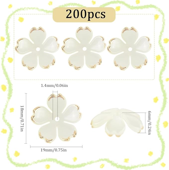 SUNNYCLUE 1 Box 200pcs Bead Caps Flowers Yellow Flower Beads Mini Plastics Light Yellow Orange Golden Plated Cherry Blossom Sakuras Flowers Bead Bulk for Jewelry Making DIY Lanyard Women Crafts