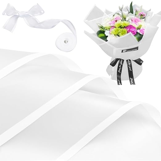 Jutieuo 20 Sheets White Flower Wrapping Paper, Waterproof Floral Wrap White Edge Bouquet Wrapping Paper Florist Supplies (22.8 x 22.8 inch)