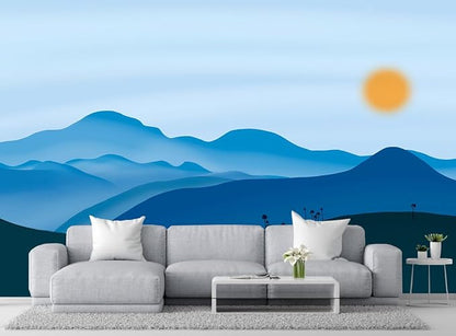 Hand-Painted Mountains and Sun Nature Landscape Mural, Large Art Background Wallpaper for Bedroom, Living Room, Bath Room(Non-self-Adhesive)