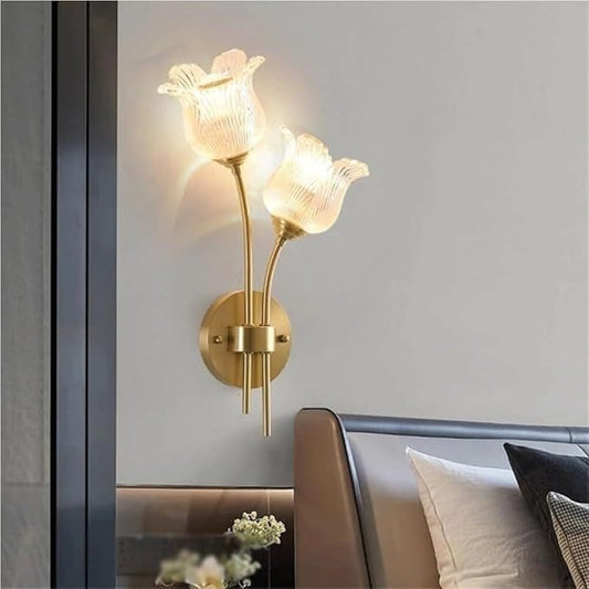 Elegant Double Head Wall Sconce, Vintage Brass Floral Design with Fluted Clear Glass Tulip Shades, Brushed Gold Accent Lamp for Living Room, Bedroom Bedside, Dining Room Decor
