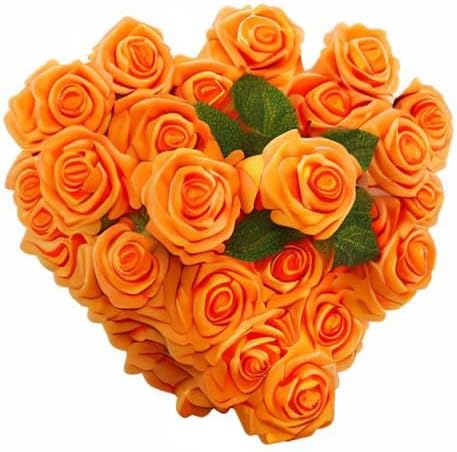 [25PCS] Orange Roses Artificial Flowers with Long Stem Real Touch Fake Foam Roses for Decoration DIY Wedding Bouquets Centerpieces Bridal Shower Flower Arrangements Home Decor