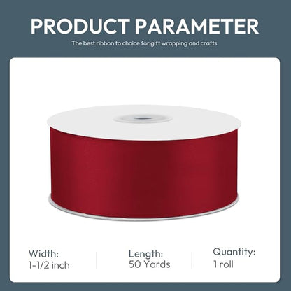 KMER LIFE 1-1/2" Wide x 50 Yards Wine Red Single Faced Polyester Satin Ribbon, Wine Red Satin Ribbon Perfect for Wedding Decor, Wreath, Crafts, Gift Wrapping & Other Projects (Wine Red)