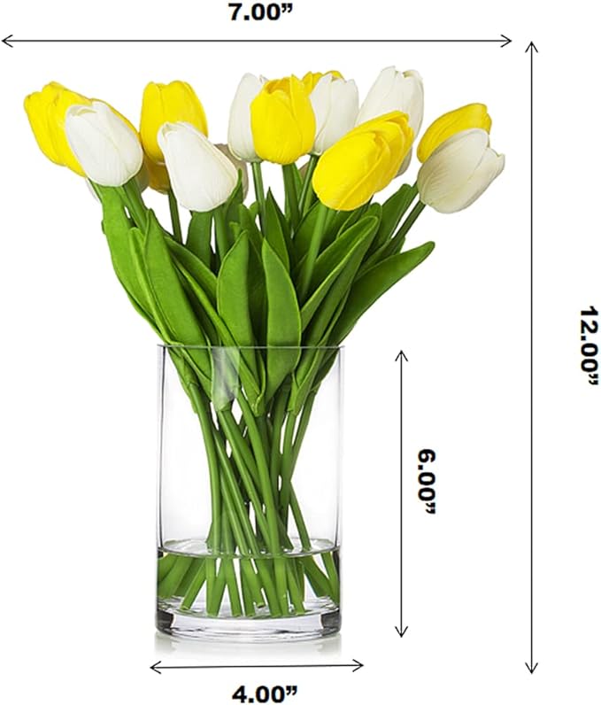 ENOVA FLORAL 20 Heads Real Touch Artificial Tulips Flowers in Vase, Mixed White and Yellow Tulips Fake Flowers with Vase and Faux Water for Home Wedding Decor, Dining Table (White Yellow)