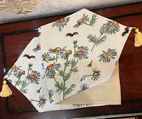 Tache 13 x 54 Floral Table Runner Yellow Daisies Ladybugs Ivory Woven - Vintage Tapestry Farmhouse Kitchen Dining Dinner Linens Cloth Small Coffee Table Runner