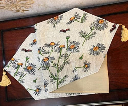 Tache 13 x 54 Floral Table Runner Yellow Daisies Ladybugs Ivory Woven - Vintage Tapestry Farmhouse Kitchen Dining Dinner Linens Cloth Small Coffee Table Runner