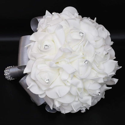 Wedding Bouquet, Silver Bouquet for Bride Bridesmaid with Diamond Soft Ribbons, Artificial Rose Bridal Holding Flowers for Party Church