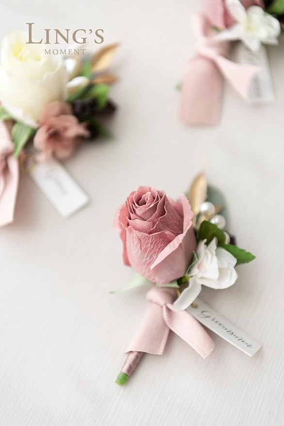 Ling's moment Boutonniere for Men, 6pcs Groom Groomsmen Boutonniere, Artificial Flowers for Wedding Decor/Prom/Homecoming, etc.Dusty Rose Mauve