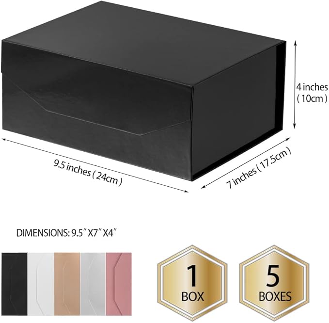 5PCS Black Gift Box 9.5x7x4 Inches 5PCS, Sturdy Gift Box with Lid for Gift Packaging, Foldable Magnetic Closure Storage Boxes, Bridesmaid Proposal Box, Rectangle Collapsible Box