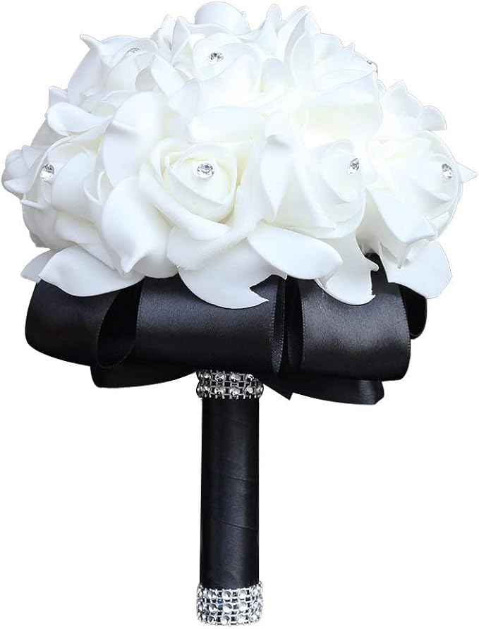 Wedding Bouquet, Black Bouquet for Bride Bridesmaid with Diamond Soft Ribbons, Artificial Rose Bridal Holding Flowers for Party Church