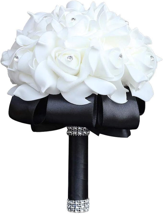 Wedding Bouquet, Black Bouquet for Bride Bridesmaid with Diamond Soft Ribbons, Artificial Rose Bridal Holding Flowers for Party Church