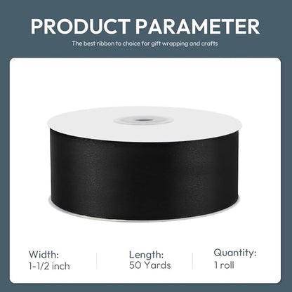 KMER LIFE 1-1/2" Wide x 50 Yards Black Single Faced Polyester Satin Ribbon, Black Satin Ribbon Perfect for Wedding Decor, Wreath, Crafts, Gift Wrapping & Other Projects (Black)