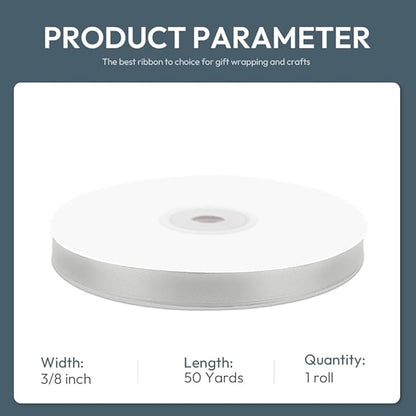 KMER LIFE 3/8" Wide x 50 Yards Silvery Polyester Satin Ribbon, Perfect for Wedding Decor, Crafts, Gift Wrapping & Other Projects