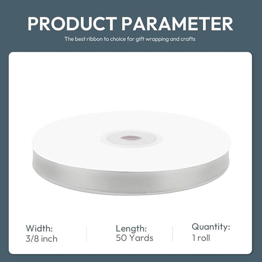 KMER LIFE 3/8" Wide x 50 Yards Silvery Polyester Satin Ribbon, Perfect for Wedding Decor, Crafts, Gift Wrapping & Other Projects