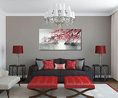 Handmade Traditional Chinese Oil Painting Pink Plum Blossom Canvas Wall Art Modern Black and White Landscape Artwork