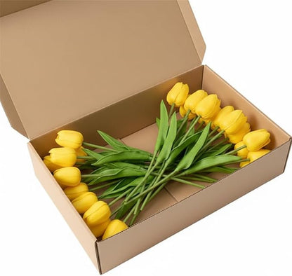Yellow Faux Tulips (20 Pcs) - Premium PU Artificial Flowers for Christmas & Thanksgiving Table Setting, Winter DIY Home Decor - 13.5" Real Touch