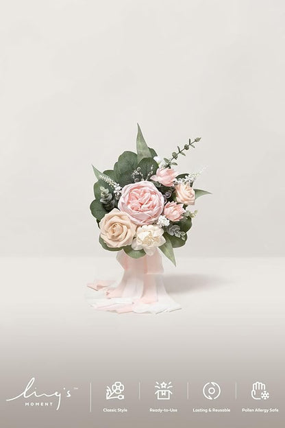 Ling's moment Artificial Flowers Pink Bridesmaid Bouquet Set of 6, Blush & Cream Wedding Flowers Bouquets for Bridesmaids, 7 Inch Bridal Bouquets for Bridesmaids, Wedding, Ceremony, Anniversary, etc