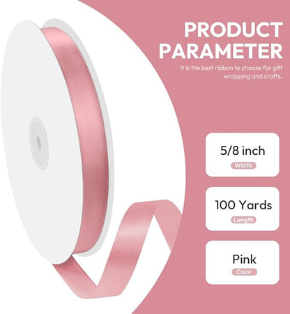 5/8" x 100 Yards Satin Ribbon - Pink Silk Ribbon with Spool - Ideal for Gift Wrapping, Floral Bouquets, Crafts, Wedding Party Decorations, Christmas and Sewing Projects