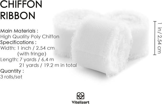 Vitalizart White Chiffon Silk Ribbon 1" x 21 Yd Fringe Fabric Package (3 Rolls * 7 Yd) for Wedding Invitations Bridal Bouquets Decorations Gifts Wrapping & Bow Making Off White