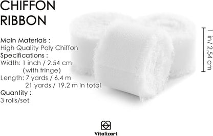 Vitalizart White Chiffon Silk Ribbon 1" x 21 Yd Fringe Fabric Package (3 Rolls * 7 Yd) for Wedding Invitations Bridal Bouquets Decorations Gifts Wrapping & Bow Making Off White