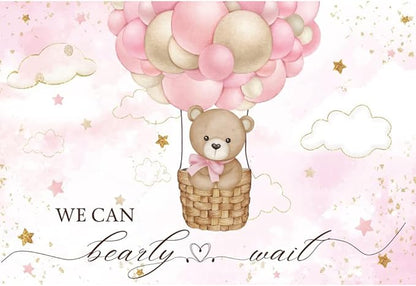 ChloropLastid We Can Bearly Wait Baby Photo Backdrop 8x6ft Pink Hot Air Balloon Bear Background for Baby Balloons Clouds Stars Girl Baby Shower Newborn Party Cake Photo Decoration
