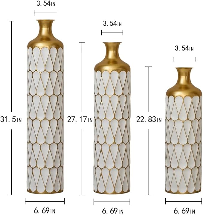 Floor Oversized Gold Metal Decorative Vase with 3D Triangle Pattern Set of 3 Large Vases for Home Living Room 33.5 ", 29.5 ", 25.2" High (Gold+Antique White)
