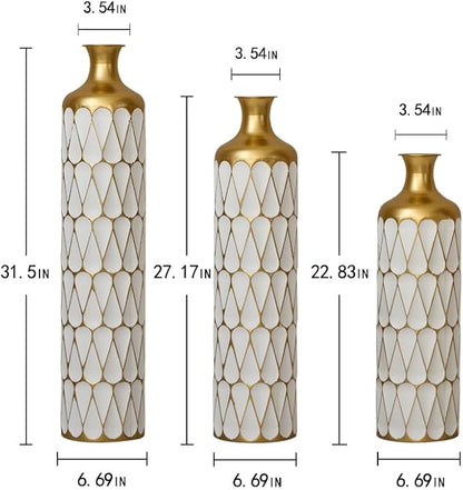 Floor Oversized Gold Metal Decorative Vase with 3D Triangle Pattern Set of 3 Large Vases for Home Living Room 33.5 ", 29.5 ", 25.2" High (Gold+Antique White)