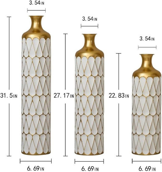 Floor Oversized Gold Metal Decorative Vase with 3D Triangle Pattern Set of 3 Large Vases for Home Living Room 33.5 ", 29.5 ", 25.2" High (Gold+Antique White)
