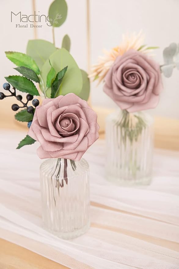 MACTING Artificial Rose Flowers 30PCS Real Touch Fake Flowers with Stem Soft Foam Roses for DIY Wedding Bouquets Table Centerpieces Baby Shower Party Spring Home Valentines Day Decor,Dusty Purple Pink