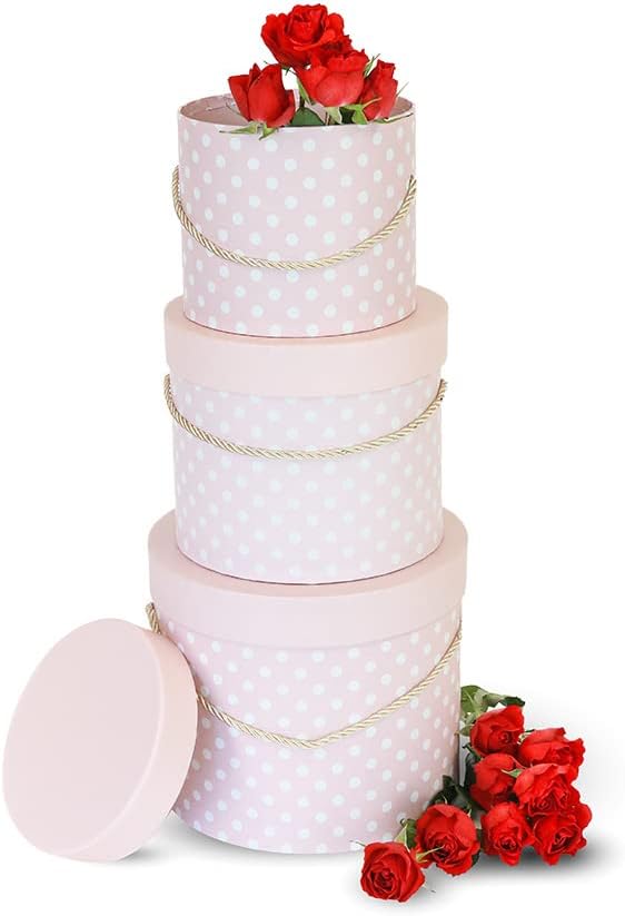 UNIKPACKAGING Premium Quality Round Flower Box, Gift Boxes for Luxury Flower and Gift Arrangements, Set of 3 pcs with Lids Size (S/M/L), Pink White Dots
