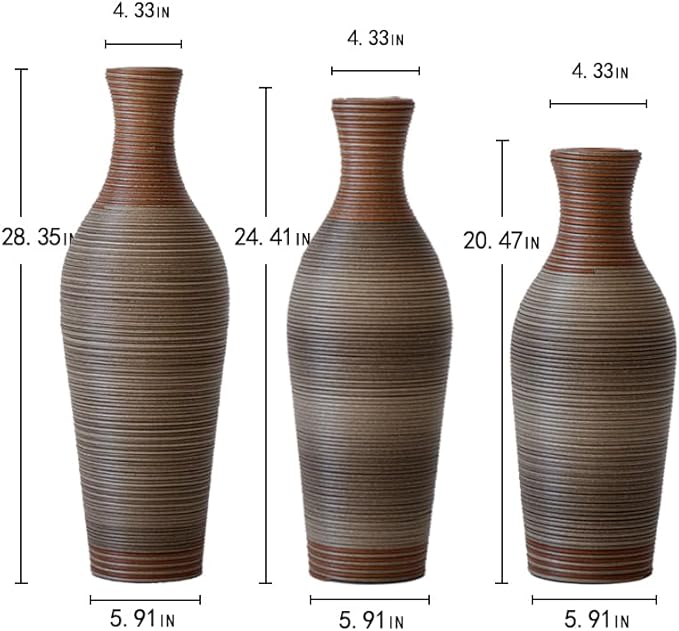 Floor PVC Decorated Vases Set of 3 for Gorgeous Home Decoration Large Classic PVC Vase 20.4in/24.4in/28.3in Height (Brown+Grey)