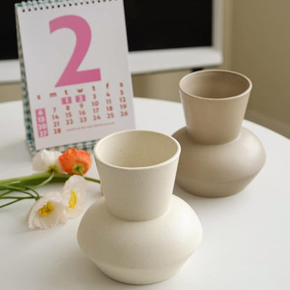 Wide Mouth Ceramic Flower Vase, Minimalist Decor for Living Room (Coconut Café)