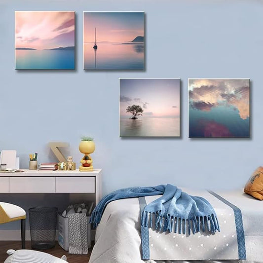 dgbtcart Romantic Sunset Beach Canvas Wall Art - Ocean Pictures Prints Colorful Seascape Painting Artwork for Bedroon Living Room, Bathroom - Office Kitchen Wall Decor 16"x 16" x 4 Panels