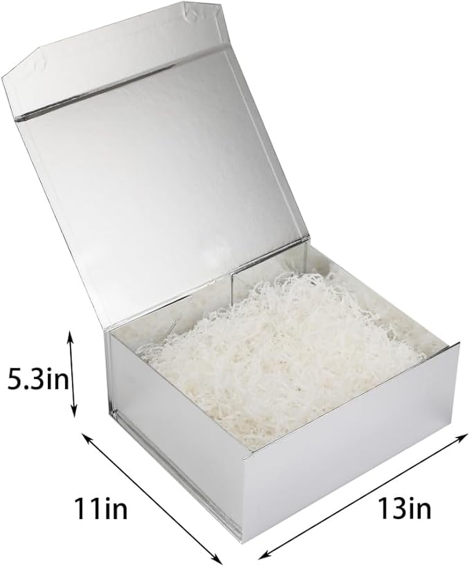 1 Pcs Silver Gift Box Large 13x11x5.3 Inch Silver Large Gift Boxwith Crinkle Paper Magnetic Box with Shredded Paper Luxury Gift Boxes with Lids for Presents