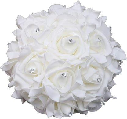 Wedding Bouquet, Black Bouquet for Bride Bridesmaid with Diamond Soft Ribbons, Artificial Rose Bridal Holding Flowers for Party Church