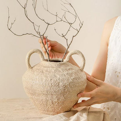 Ceramic Flower Vase, Large Farmhouse Vases Home Decor, Handmade Rustic Vase with Handles, Decorative Flower Vase for Home Entryway Living Room Dining Table Farmhouse Office Decor(8.6inch)