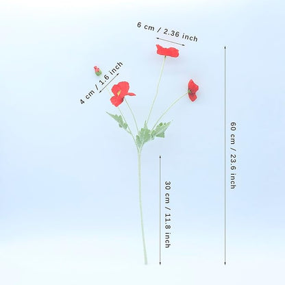 2 Pcs Artificial Fake Flowers Plants Poppies Silk Flower Arrangements Wedding Bouquets Decorations Plastic Floral Table Centerpieces for Home Kitchen Garden Party Decor Approx 23.6" High - Red
