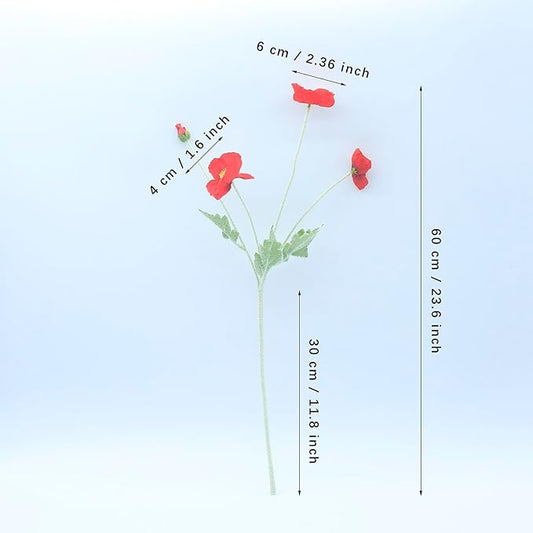 2 Pcs Artificial Fake Flowers Plants Poppies Silk Flower Arrangements Wedding Bouquets Decorations Plastic Floral Table Centerpieces for Home Kitchen Garden Party Decor Approx 23.6" High - Red