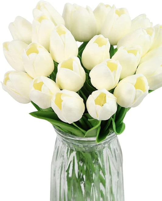 IPOPU Real Touch Tulips 24PCS Artificial Tulips Flowers for Decoration Cream Fake Tulips Floral Arrangements Artificial Faux Tulips Decor for Table Home Decor Baby Shower Centerpieces (Off White)