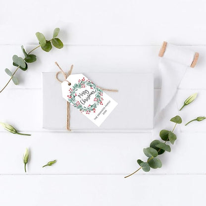 Andaz Press Personalized Christmas Holiday Season Classic Gift Tags, Merry Christmas Custom Family Name and Year, Holly Wreath Design, for Holiday Events, Parties, and Favors, 60-Pack