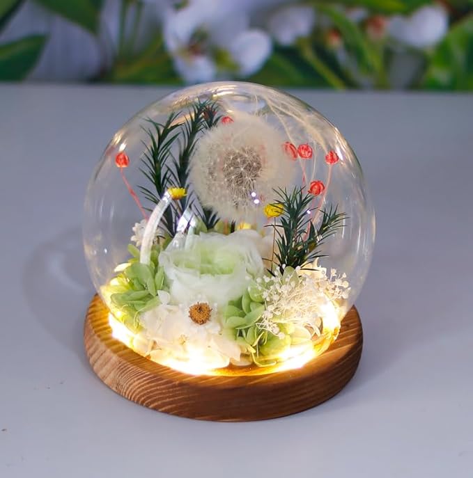 FIACO Gifts for Women Preserved Flower Forever Dandelion Rose in Glass Real Fresh Flowers for Delivery Prime Mothers Day Birthday Gifts for Mom Grandma Sister Wife Eternal Dandelion Flower Decor Green