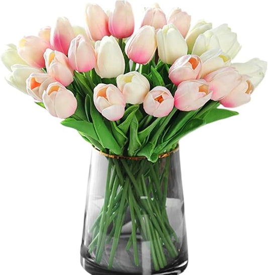 20pcs White Faux Tulips Flowers Fake Flowers Bouquets 13.5" Mother's Day Easter Valentine’S Day Gifts in Home Kitchen Wedding Dining Table Decorations Aesthetic No Odor