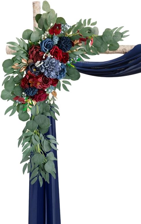 ponatia Artificial Navy Blue Wedding Arch Flowers Kit, Burgundy Flowers with 26Ft Navy Blue Arch Draping Fabric, Flowers for Wedding Arch Ceremony Reception Backdrop Decoration