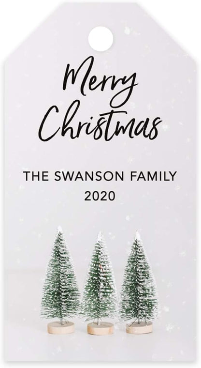 Andaz Press Personalized Christmas Holiday Season Classic Gift Tags, Merry Christmas Custom Family Name and Year, Bottle Brush Christmas Tree Design, for Holiday Events, Parties, and Favors, 60-Pack