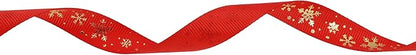Gold Printing Snowflake Grosgrain Ribbon 25 Yard Each Roll 100% Polyester Woven Edge (5/8", Red)