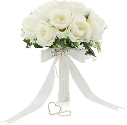 Wedding Bouquets for Bride, White Bridal Bridesmaid Wedding Flowers with Silk Ribbon and Rhinestones, Artificial Toss Rose for Civil Ceremony