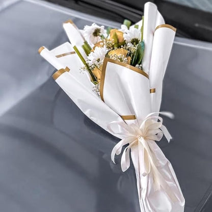 WRAPAHOLIC 20 Sheets Flower Wrapping Paper - 22.4 x 22.4 inch White with Gold Edge Water-Resistant Floral Bouquet Wrapping Paper, Florist Supplies Packaging Paper for Wedding Birthday Gift DIY