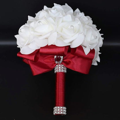 Wedding Bouquet, Wine Red Bouquet for Bride Bridesmaid with Diamond Soft Ribbons, Artificial Rose Bridal Holding Flowers for Party Church