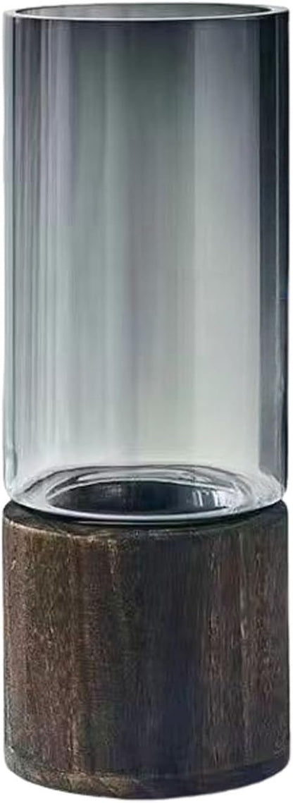 1 PC Simple Creative Wooden Glass Vase Dry Vase Hydroponic Wooden Base Cylindrical Flower Classic Boho Rustic Style for Decoration(Smoky Grey)