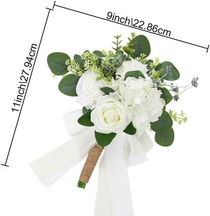 Set of 4 Bridesmaid Bouquets for Wedding - Silk Artificial Ivory Bridesmaid Flowers, Pre-Made Roses Sage Green Boho Bridal Floral for Bride Party Ceremony Anniversary Decoration - 9inch