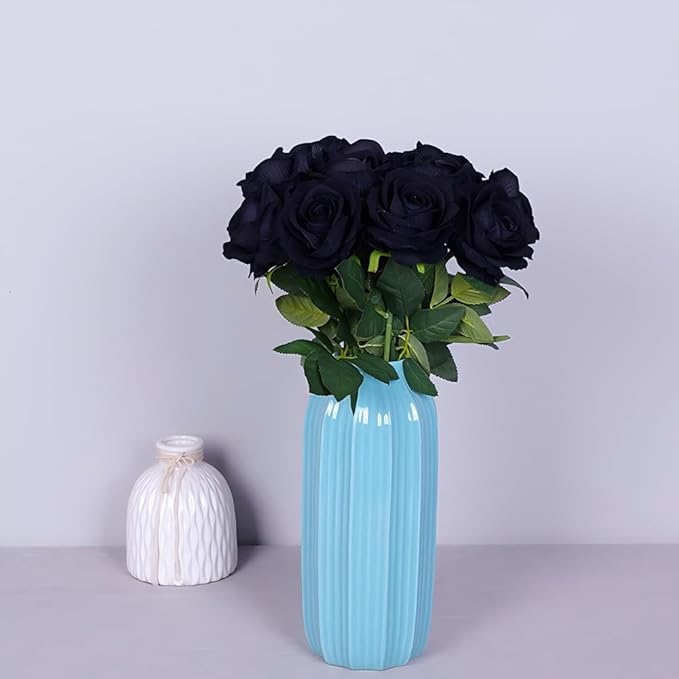 Artificial Roses 12PCS Velvet Rose Real Touch Long Stem Fake Flowers for Floral Arrangement Bridal Wedding Home Party Decor (Black)